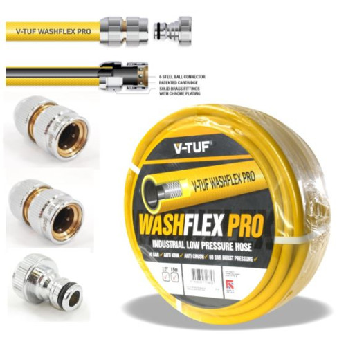 15m 1/2" 10 BAR WASHFLEX PRO WATER SUPPLY HOSE & KCQ COUPLING KIT