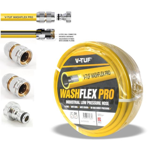 25m 1/2" 10 BAR WASHFLEX PRO WATER SUPPLY HOSE & KCQ COUPLING KIT