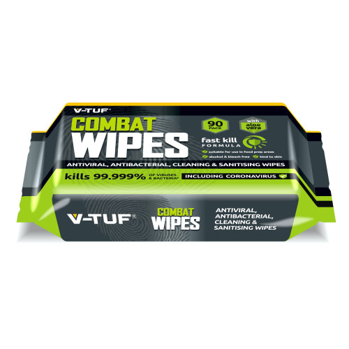 V-TUF COMBAT WIPES AntiViral AntiBacterial Hand & Surface Cleaning Disinfectant Wipes - 90 per Pack (with Aloe Vera) - VTABW-90