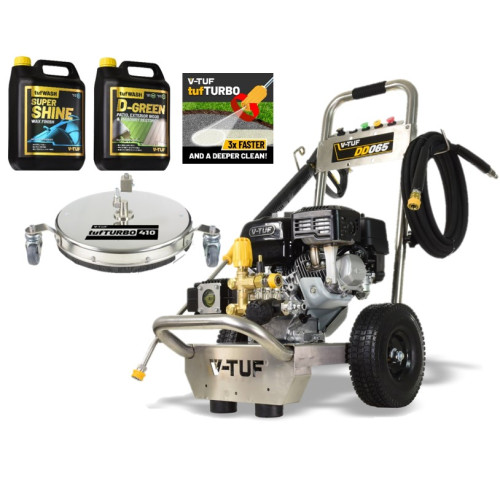 V-TUF DD065 PETROL PRESSURE WASHER 6.5HP HONDA- 160BAR 13.2L/M - 410MM Surface Cleaner, Turbo Nozzle & 5L D-GREEN