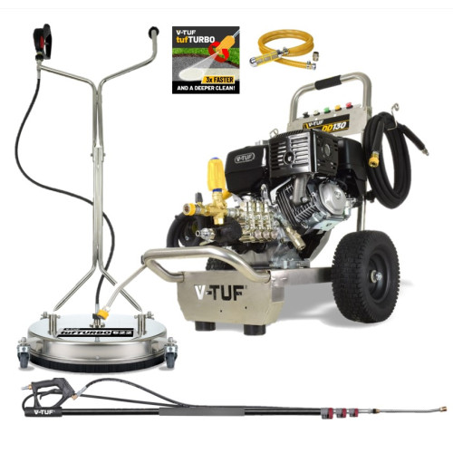 V-TUF DD130 13HP Honda Driven Petrol Pressure Washer - 250 Bar WP 15L/min - 21" tufTURBO Stainless Patio Cleaner & 8M TELESCOPIC LANCE