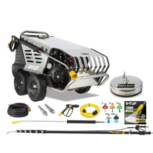 V-TUF RAPID VSC 240v 100Bar, 12L/min Hot Water Stainless Industrial Mobile Pressure Washer +  STONE RESTORATION & 33FT ROOF CLEANING BUNDLE