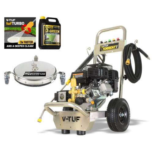 V-TUF TORRENT 1 190BAR 13L/MIN 7HP PETROL PRESSURE WASHER - 410mm Patio Cleaner, Turbo Nozzle & 5L DGREEN