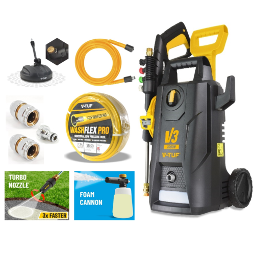 V-TUF V3-240 X2 2175psi 150Bar, 7.5L/min DIY Portable Electric Pressure Washer - With 15M Washflex Pro Water Feed Hose With DuraKlix KCQ Fittings