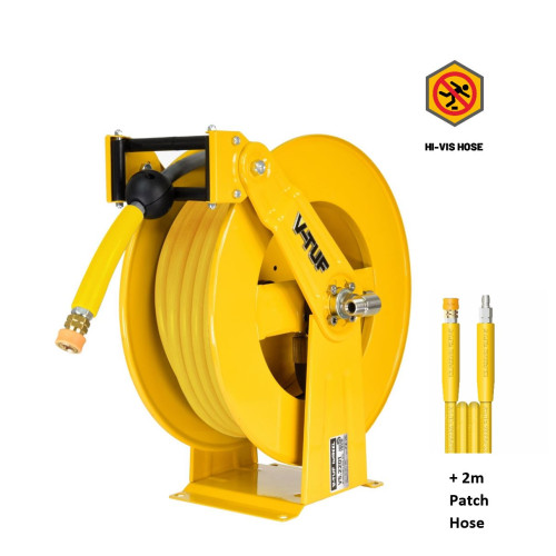 20M V-TUF Retractable tufREEL - Powder Coated Steel + 20M WASHFLEX YELLOW 3/8 2W HOSE MSQ KIT & 2m PATCH HOSE