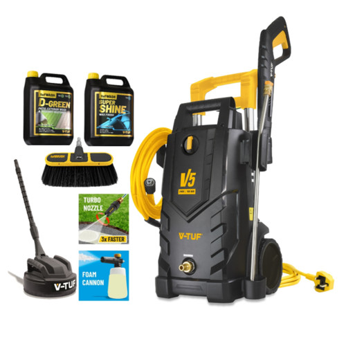 V-TUF V5 240v X2 Tough DIY Electric Pressure Washer - 2400psi, 165Bar, 7.2L/min - 8 m HI-VIS HOSE & 5m CABLE With Patio & Car Cleaner Included