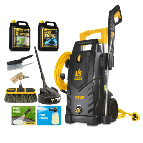 V-TUF V5 240v X2 Tough DIY Electric Pressure Washer - 2400psi, 165Bar, 7.2L/min - 8 m HI-VIS HOSE & 5m CABLE - Patio & Car Cleaner Starter Kit