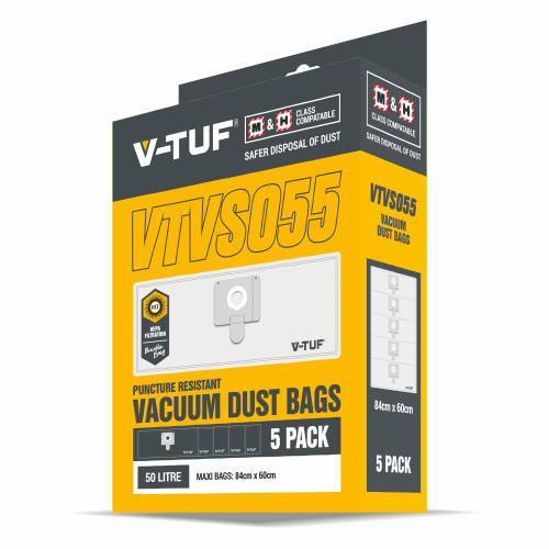 V-TUF 50L Large Hepa Vacuum Cleaner Dust Bags - fits MAXi Range, Mammoth Stainless And Mammoth XLR (Pack of 5)---FSC