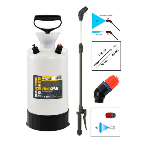 V-TUF 10L PROFESSIONAL MULTI CHEMICAL RESISTANT SPRAYER - VITON SEALS - TELESCOPIC LANCE & 60 Deg Fan Jet